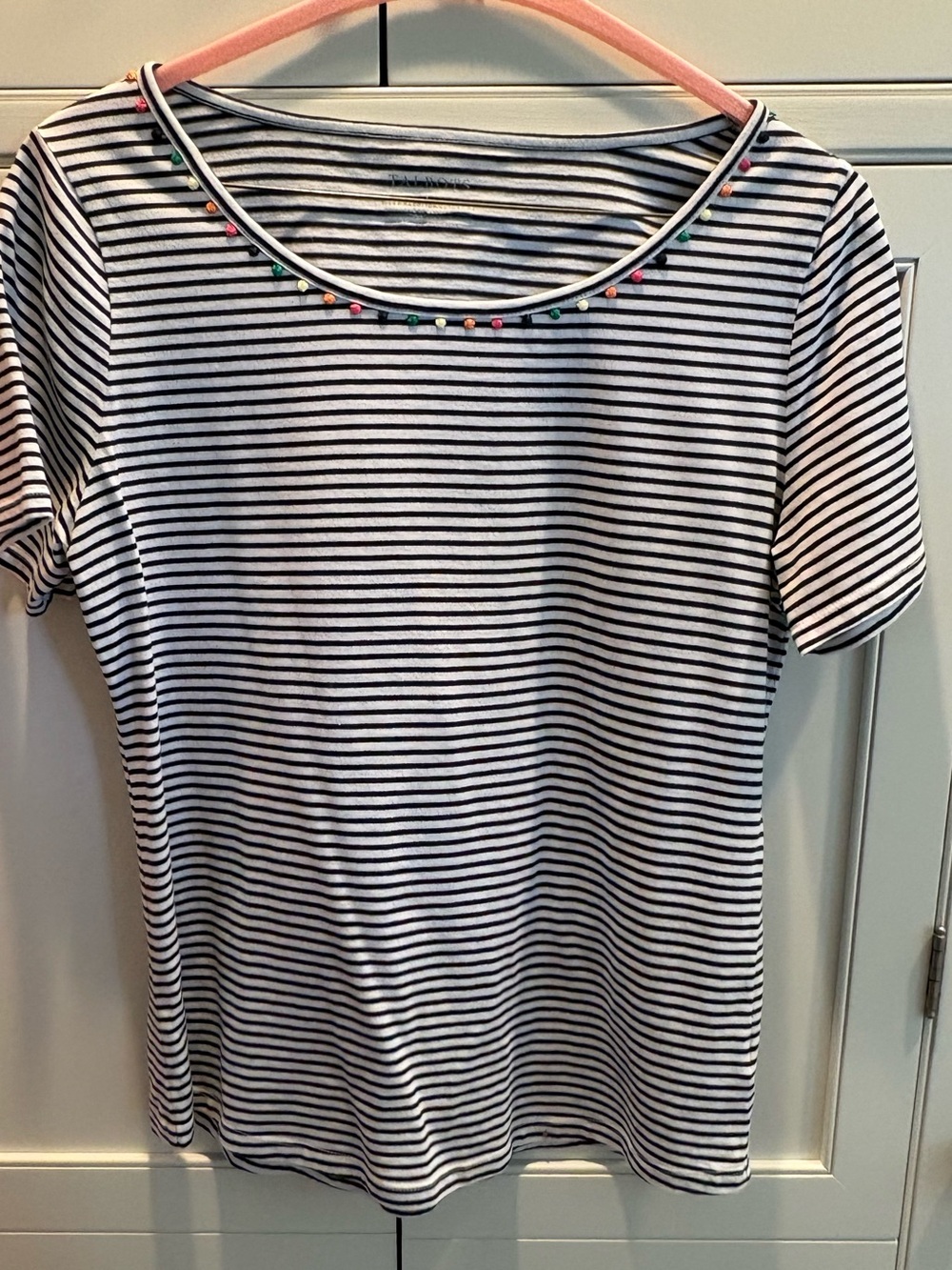 Talbots Navy & White Striped Short-Sleeve Tee with Bead Trim